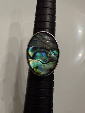 Hand Crafted Iridescent Abalone Oval Ring - Green Blue Sheen